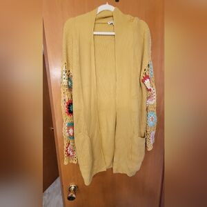 Women's Yellow Cardigan with Crochet Sleeves
